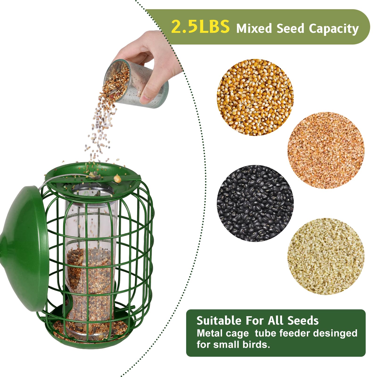 MIXXIDEA Metal Bird Feeders for Outdoors Hanging, Caged Tube Bird Feeder for Small Backyard Birds, Squirrel Proof Wild Bird Seed Feeders, Attracting Birds in Your Lawn, Garden,Green