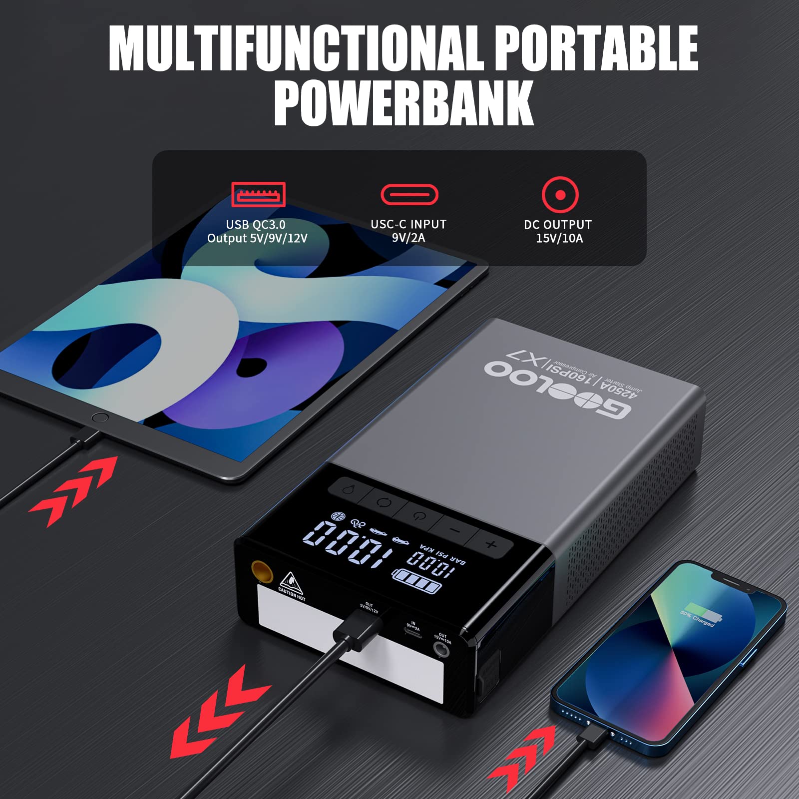 GOOLOO 1500A Jump Starter Power Pack, Car Battery Booster Jump Starter for 12V Vehicle(Up to 6.0L Gas,4.0L Diesel), Jump Pack and Jump Starters, With Smart Jumper and LED Torch