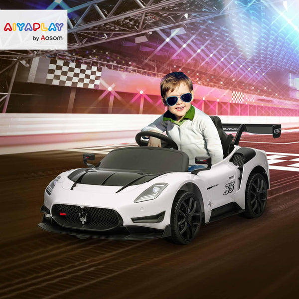 AIYAPLAY Maserati GT2 Licensed 12V Electric Car for Kids, Kids' Electric Ride on with Suspension System, Remote Control, USB, Music, Horn, Lights, Auxiliary Wheels, for Ages 3-5 Years, Grey