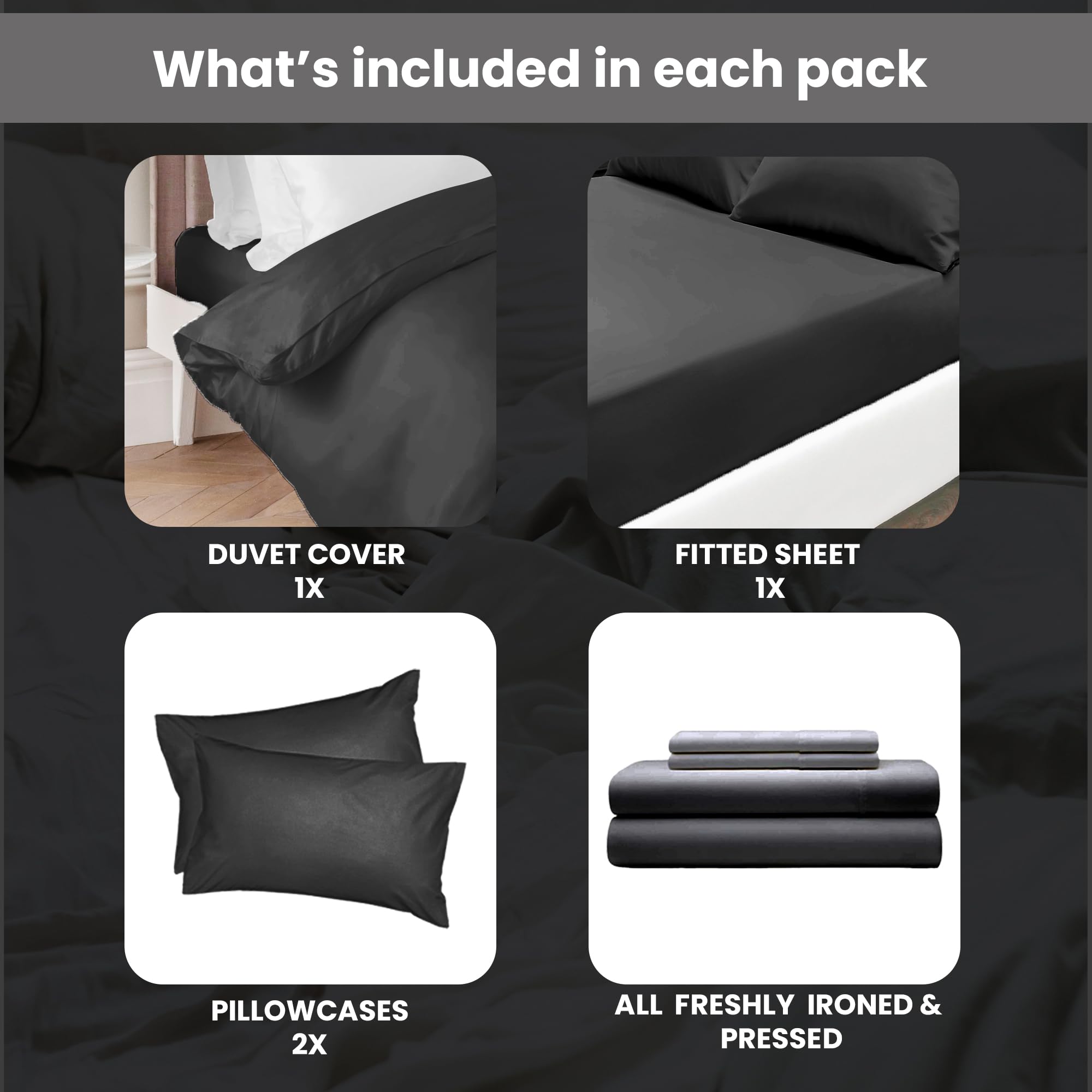 Euphoric Gifts 100% Pure Cotton (Egyptian Cotton) SUPER KING SIZE Duvet Cover Bed Set in Plain Black  includes duvet cover, fitted sheet &