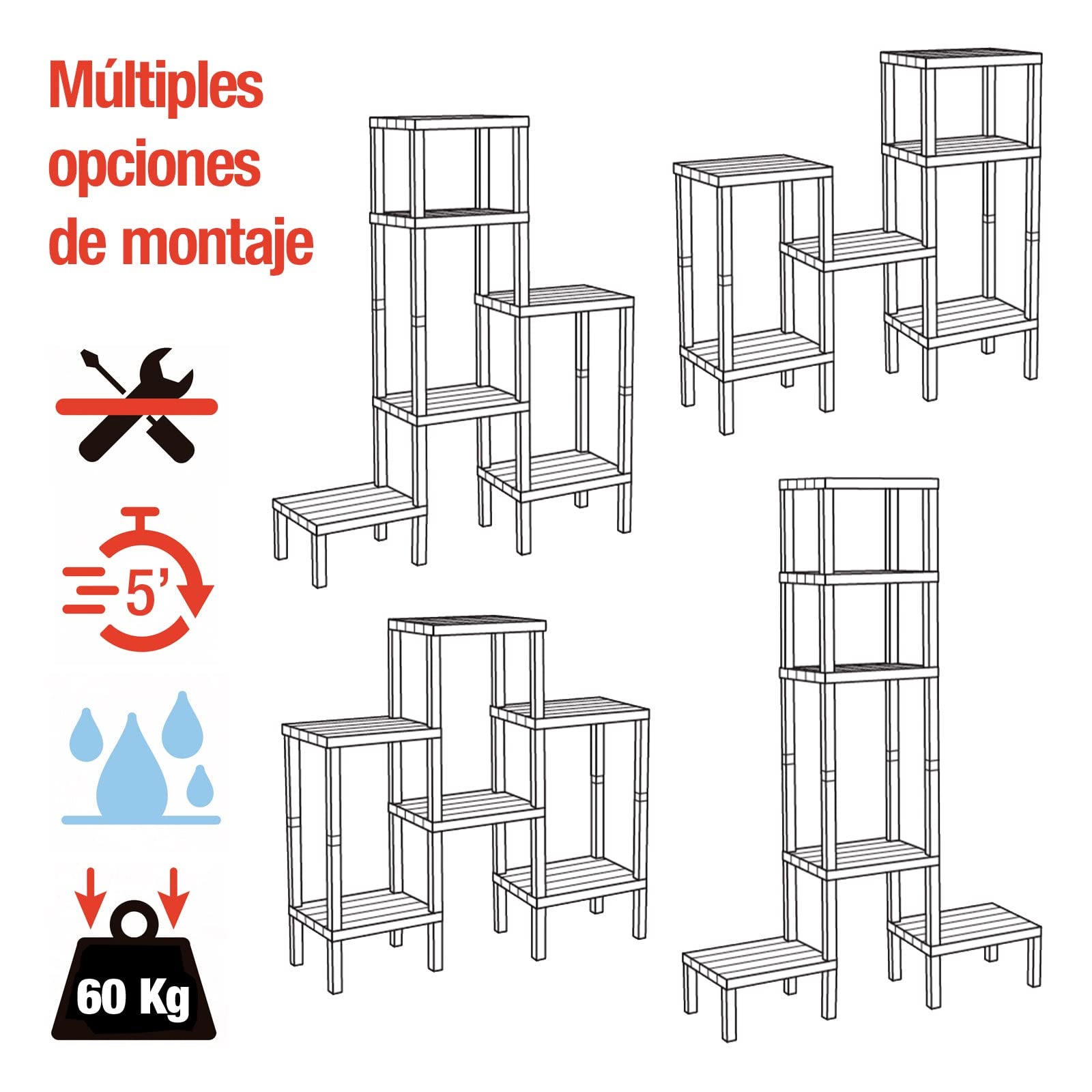 TATAY Lombok Modular Shelf, 6 Shelves, Polypropylene, BPA Free, Wood effect, Non-Slip Bumpers, Max 10KG by Shelf, Easy Assembly, Brown.