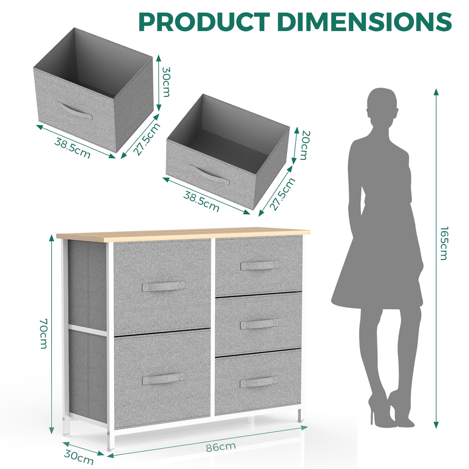 IMURZ Chest of Drawers,Fabric Storage Drawers wtih 5 Units Large Storage Space,Sturdy Steel Frame Chest of Drawers Bedroom for Living Room, Nursery