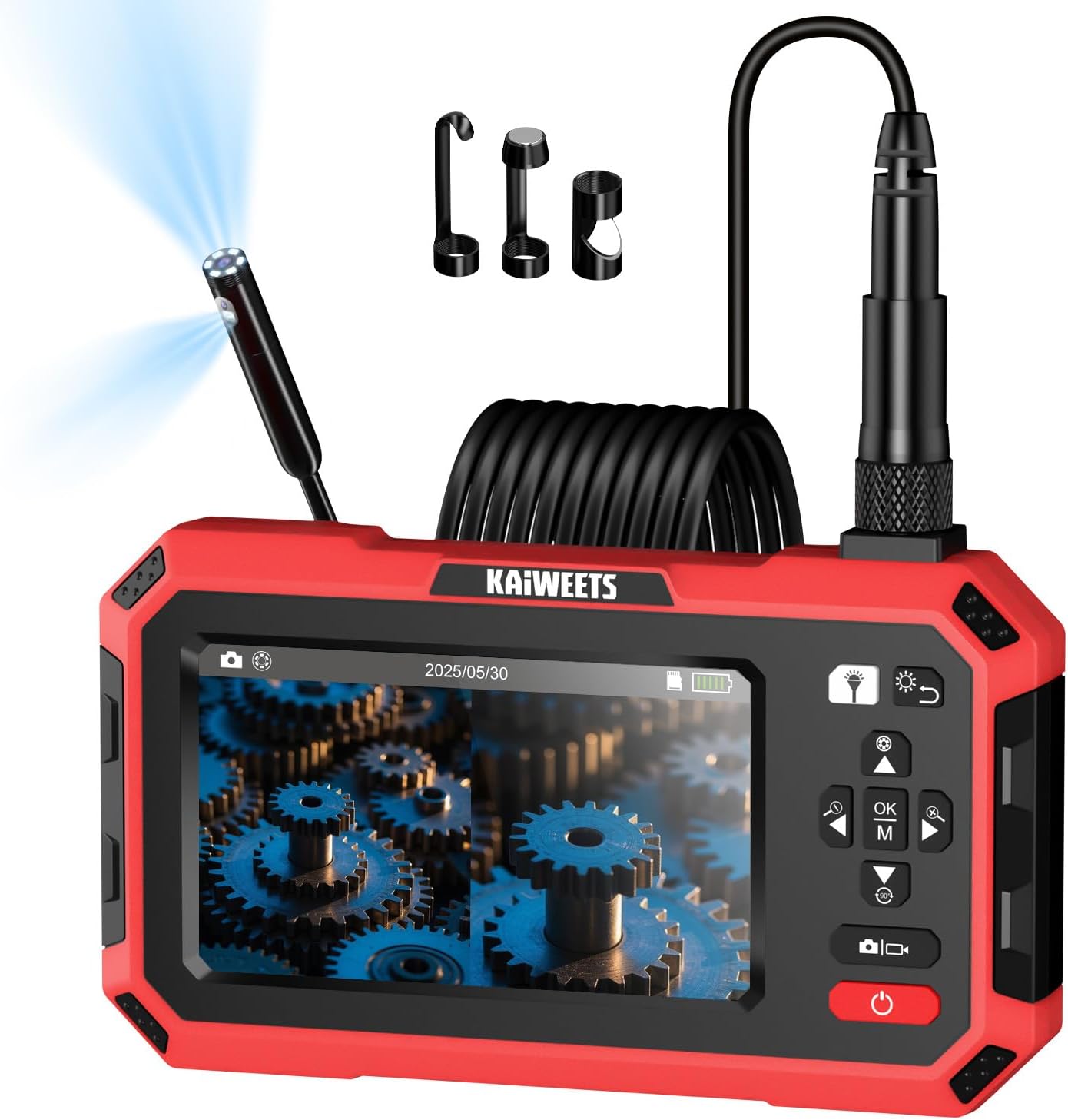 Endoscope Endoscope Camera Dual Lens, KAIWEETS 1920P 5" IPS Split-Screen Display Inspection Cameras with Light, 6.9mm IP67 Waterproof Borescope, 16.5FT Detachable Semi-Rigid Cable, Gadgets for Men