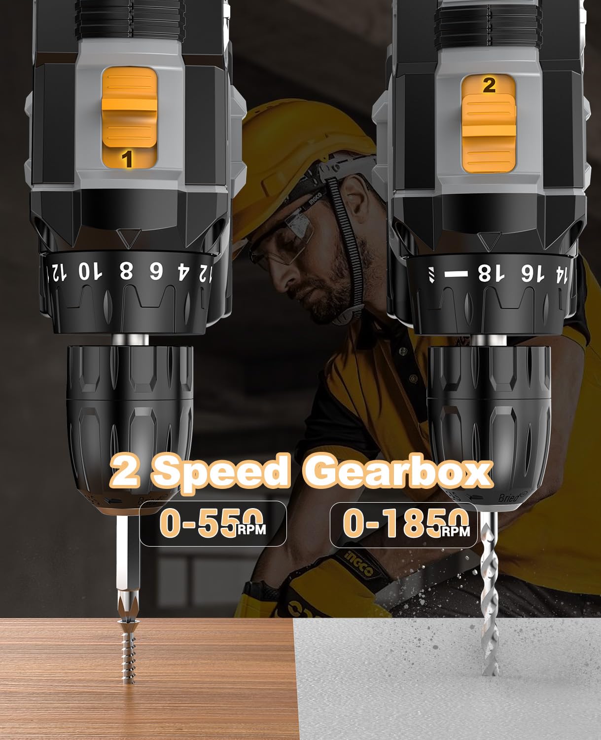 LEEIKOO Cordless Drill, 21V Electric Drill 42N.m with 2.0Ah Battery, Combi Set 10mm Chuck, 2 Speeds, 18+1 Torque, LED Light, 20pcs Drill Set for Garden DIY Project, Grey