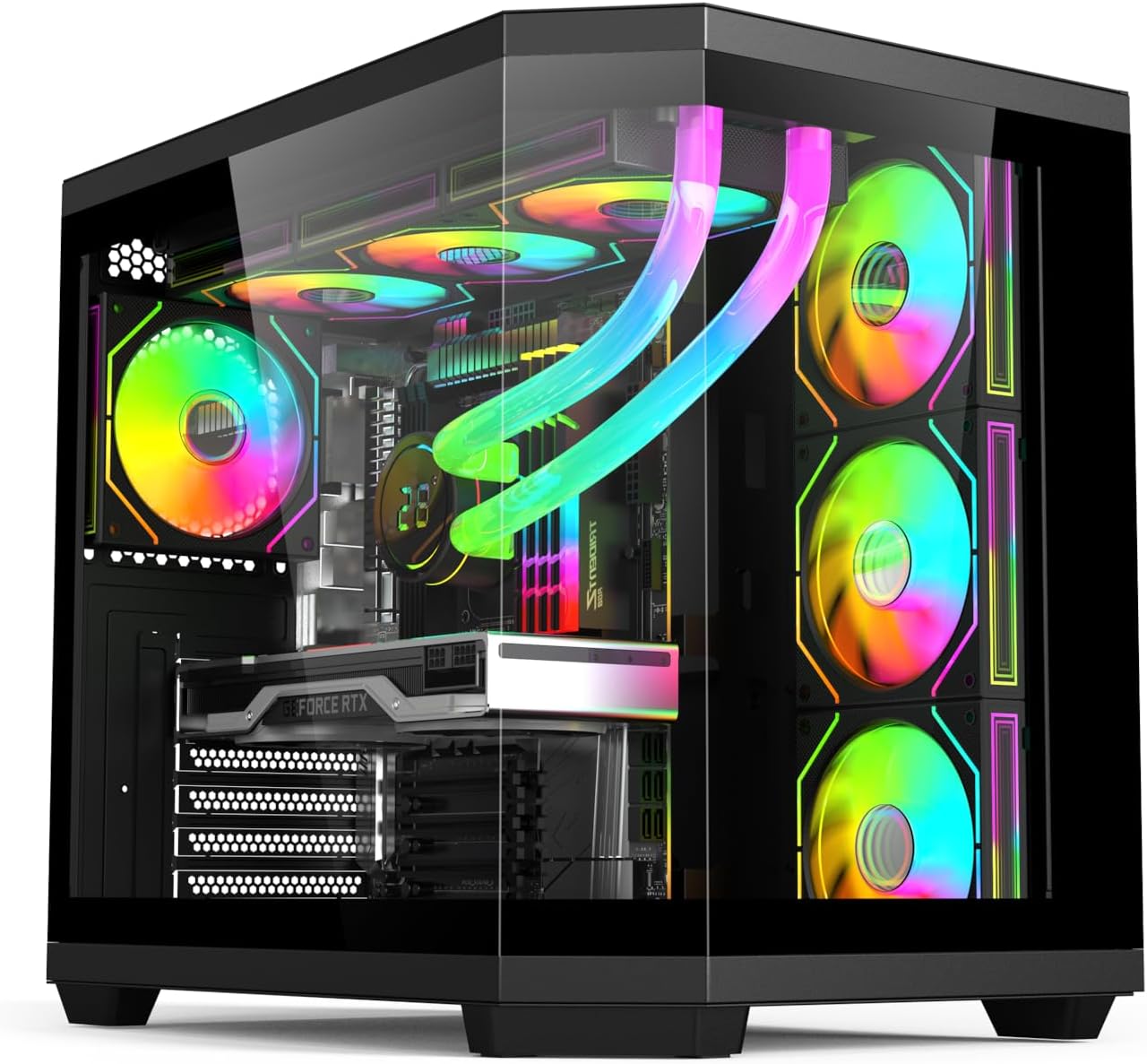 IONZ APEX Vision - PC Gaming Case, M/ATX Mini Tower, Dual Chamber with 6 ARGB PWM Fans - LCD Screen | Supports 240 mm AIO, White