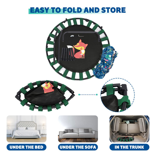 38'' Kids Mini Trampoline Foldable Fitness Body Exercise Rebounder with Foam Handle Safety Padded Cover Round Trampoline Folding Bungee Indoor Outdoor