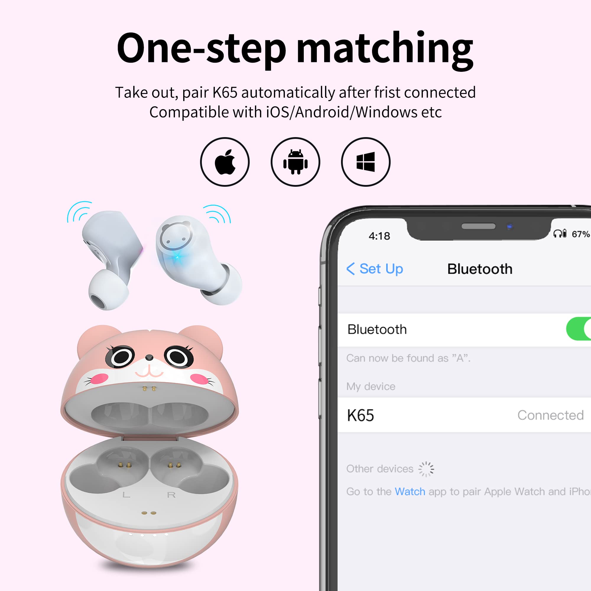 Earbuds for Kids Cute Design in-Ear Wireless Earphones for Kids Boys Adult Bluetooth 5.3 Waterproof Sport Stereo Headphones with Mic for Phone