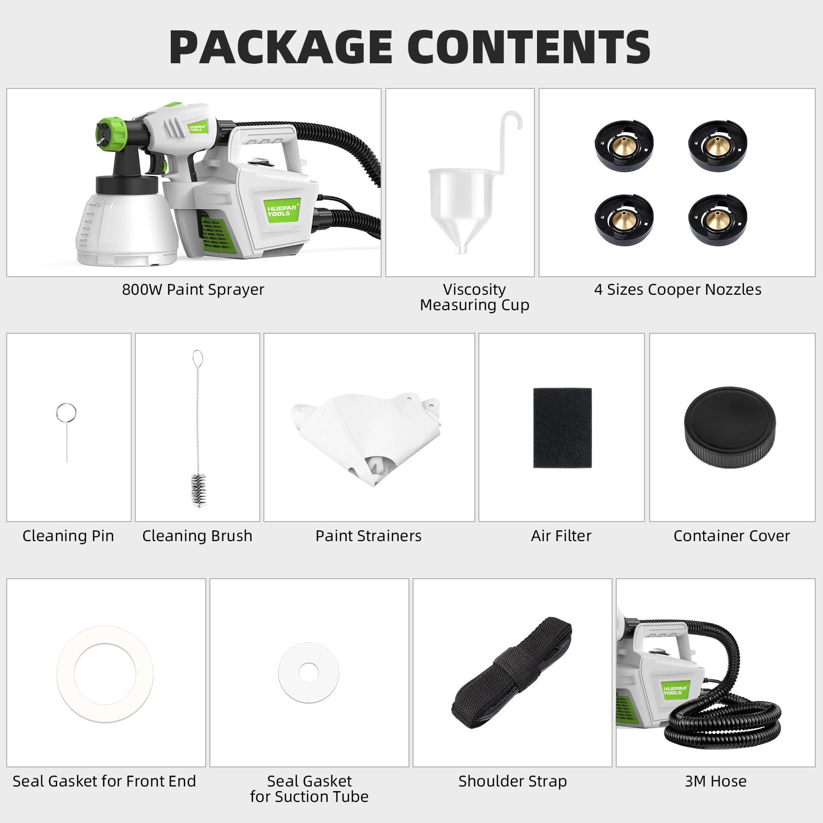 Fence Paint Sprayer 800W, Huepar Tools Electric HVLP Paint Spray Gun, 4 Nozzles, 9.84ft Hose, 3 Patterns, Adjustable Spray, 1300ML Detachable Container, Electric Spray Gun for Indoor & Outdoor