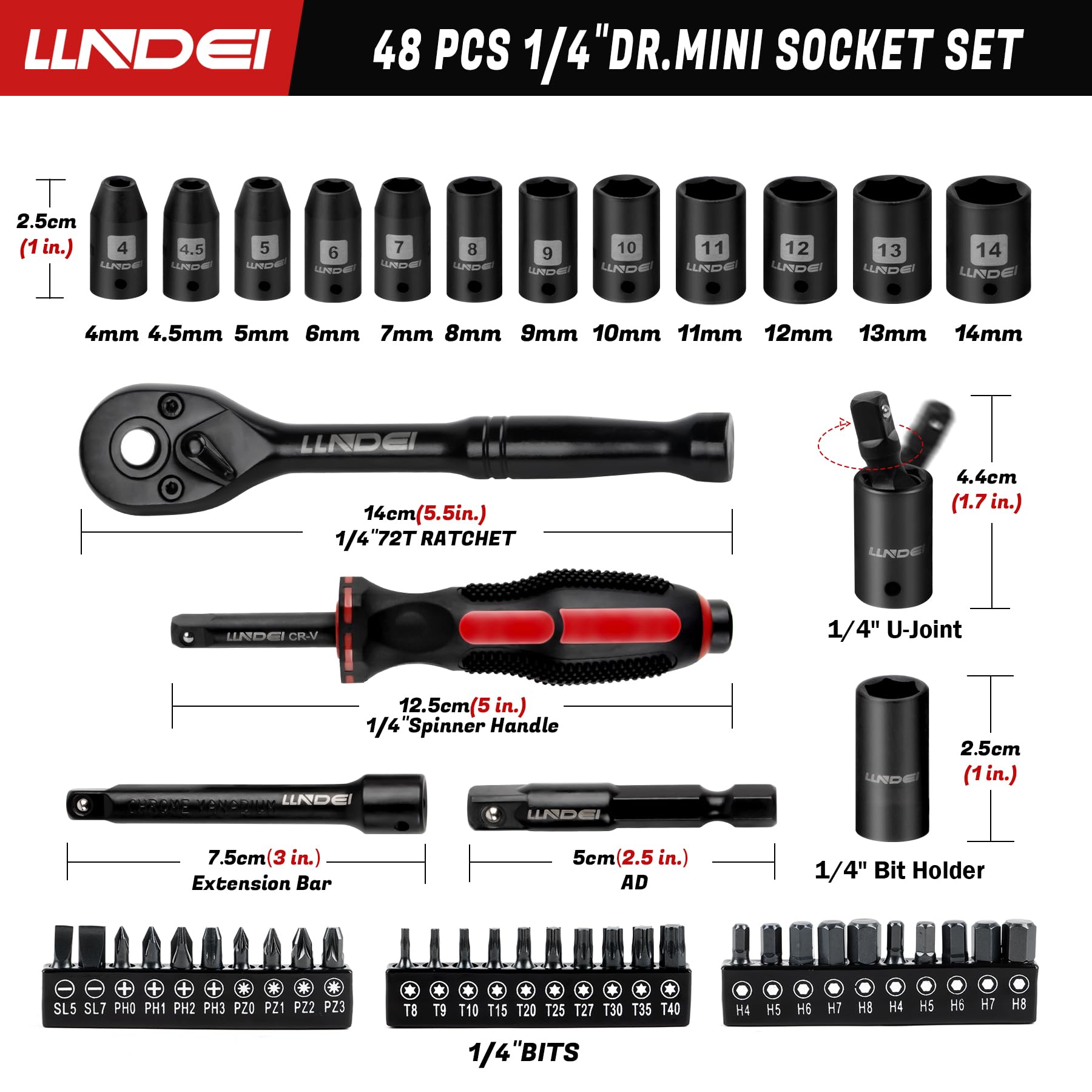 LLNDEI 1/4-Inch Drive Impact Socket Set, 52 PCS Mechanic Tool Set with Ratchet & Adapter, CR-V, Metric and Standard Full Sockets with Storage Tool Kit for Household & Automotive Repair & DIY Project
