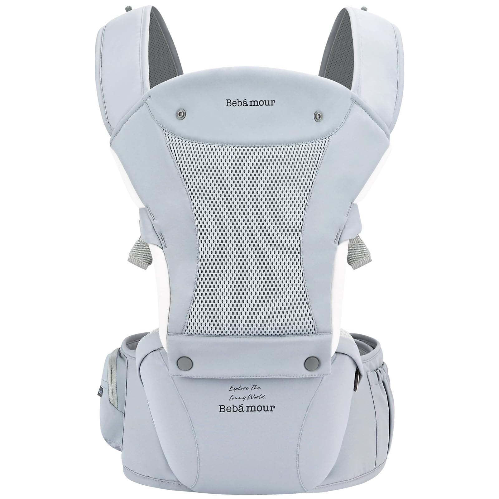 Bebamour Baby Carrier Newborn to Toddler Baby Carrier Hipseat 0-36Months with Head Hood, 3 PCS Teething Pads, Waist Extender, Grey