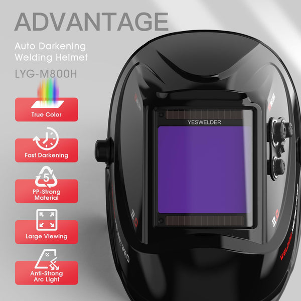 YESWELDER Welding Mask True Colour Large View 10X9cm Auto Darkening Welding Helmet Solar Powered Replaceable Battery, 4 Premium Sensors Wide Shade 4/5-9/9-13 for TIG MIG ARC CUT GRIND Welder Mask