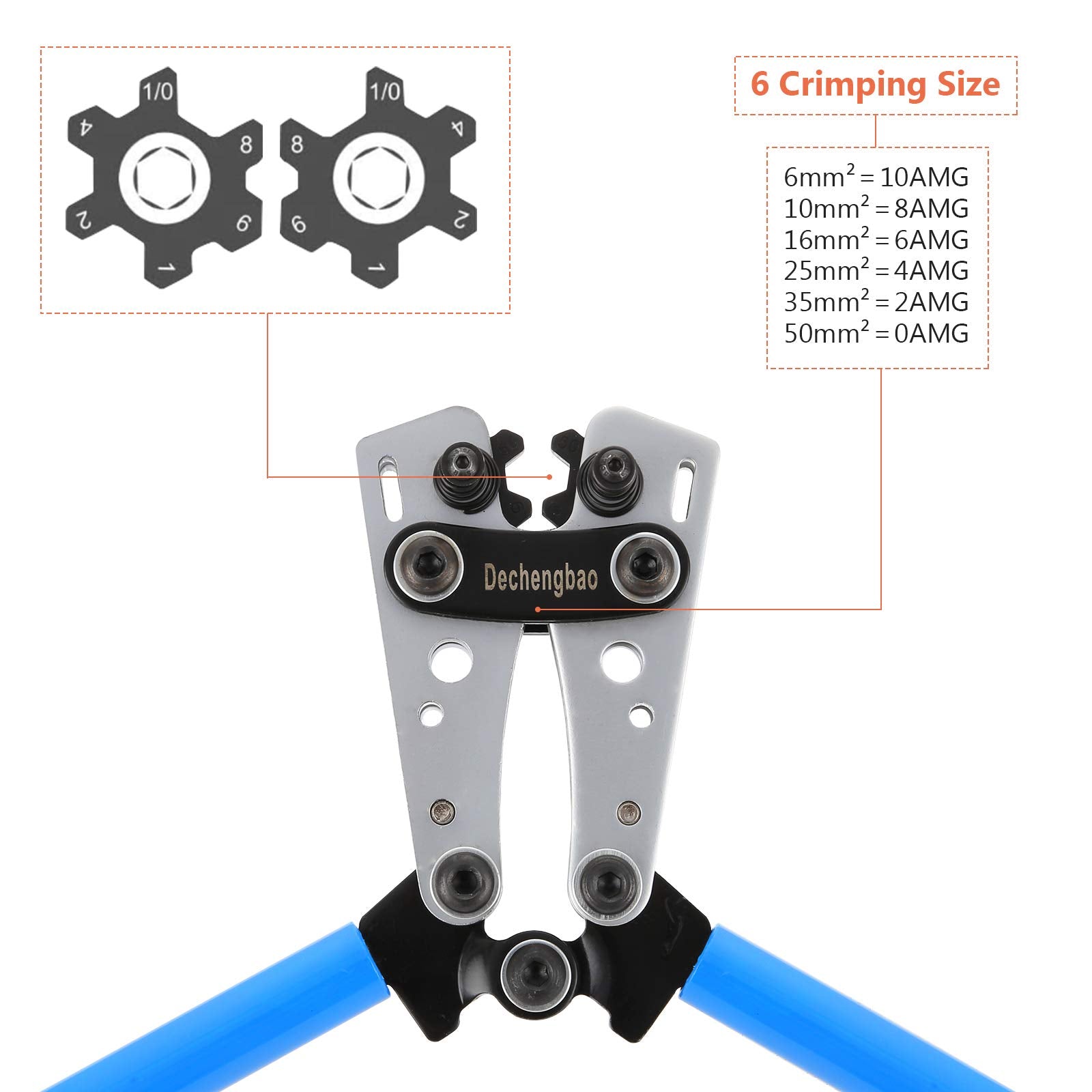 HX-50B Battery Cable Lug Crimping Tools Hand Electrician Pliers for Crimping Wire Cable from 6-50mm²(AWG 8-1/0) with Thickened and Reinforced The Metal Plate (HX50B Crmper +60PCSTerminals)
