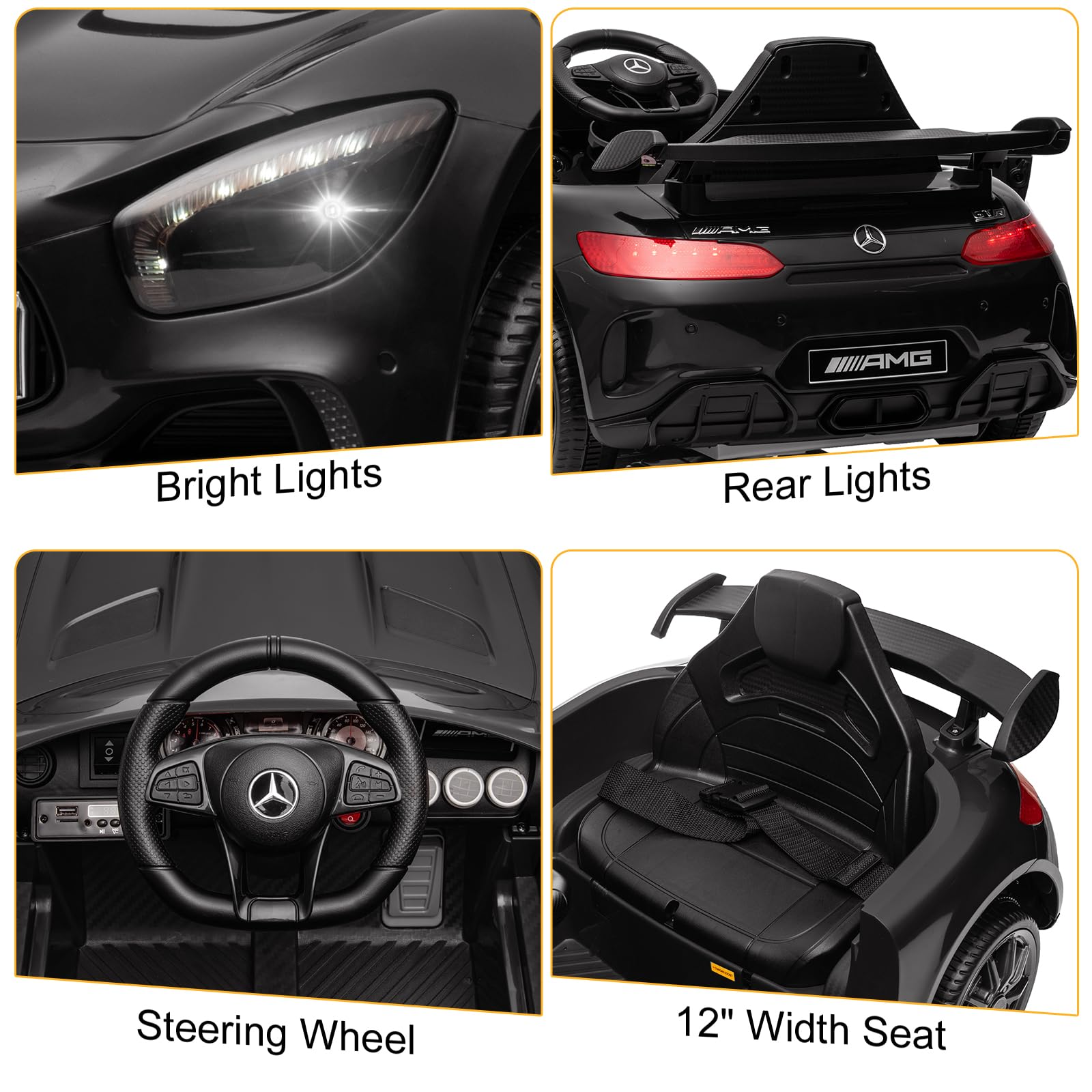 Karlhome 12V Ride on Car, Licensed Mercedes Benz AMG GTR with Parental Remote, 2 Motors Electric Car for Kids to Drive w/Wider Seat, LED Lights, Openable Doors, MP3, Smooth Start, 3 Speeds - Black