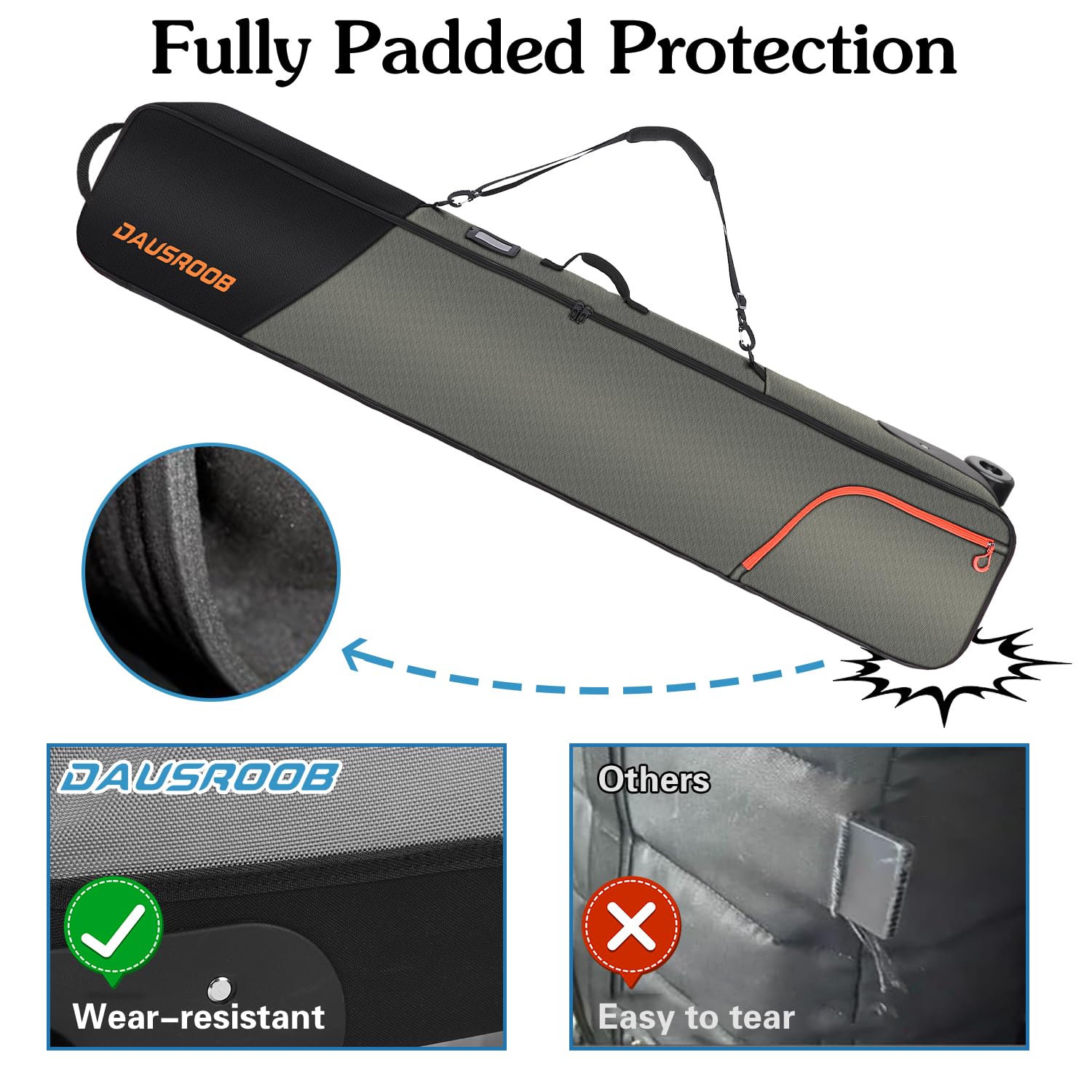 DAUSROOB Snowboard Bag with Wheels Premium 1680D- Oxford Padded Ski Bag Waterproof Travel Bag for Flying, All-Terrain Ski Snowboardbag(164cm)