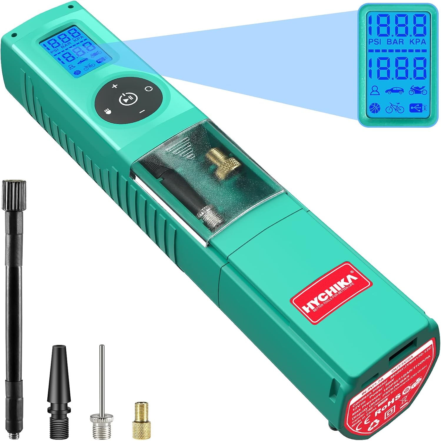 HYCHIKA Tyre Inflator, 12V Cordless Bike Pump, 160PSI Portable Air Compressor, USB Port Charge, 5 Inflating Modes, LED Light, 3 Model Display Units for Car, Bike