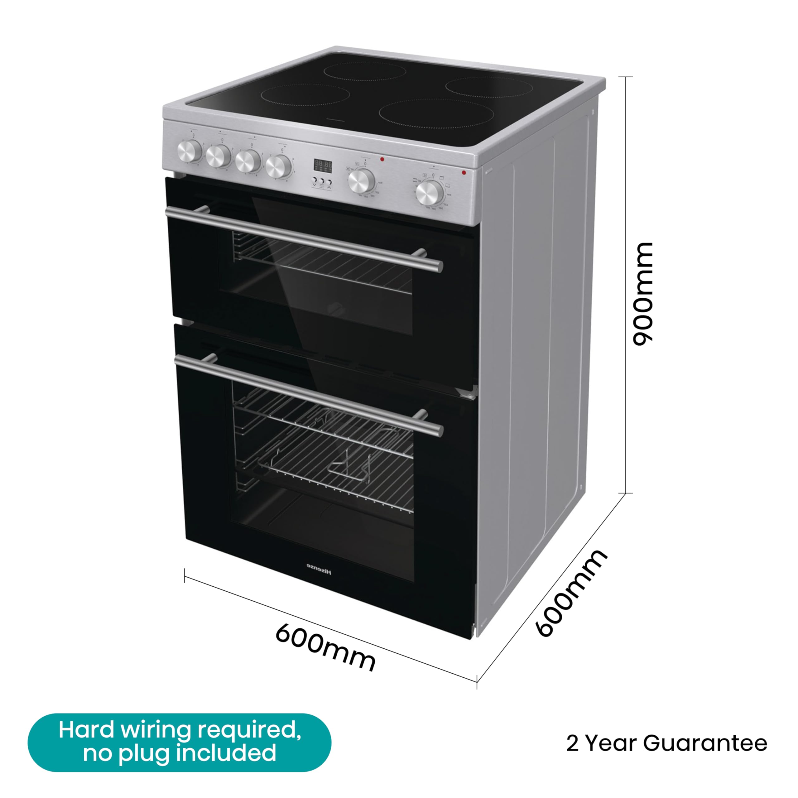Hisense HDE3211BBUK 60cm Electric Cooker with Ceramic Hob-Black , A Rated Double Oven