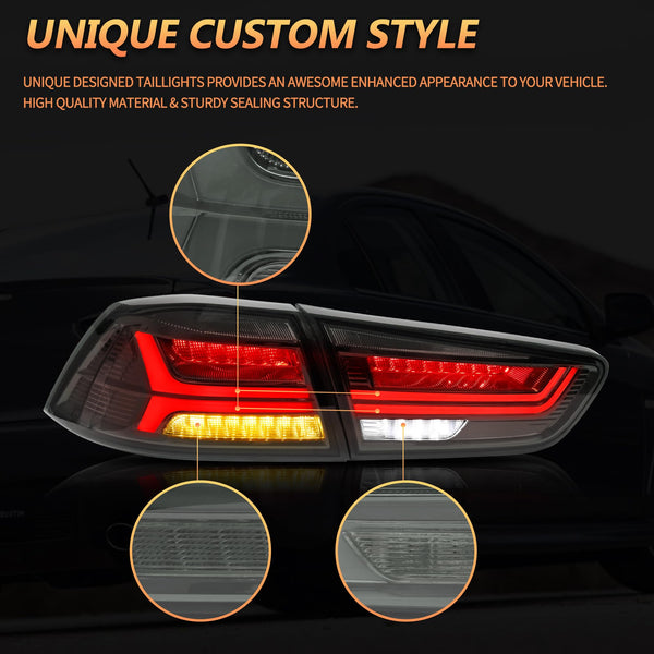 VLAND LED Rear Lights compatible with Lancer & EVO X 2008-2020 (Not Fit fortis/io), w/Sequential indicator, Driver & Passenger Side (Smoked dynamic 2)