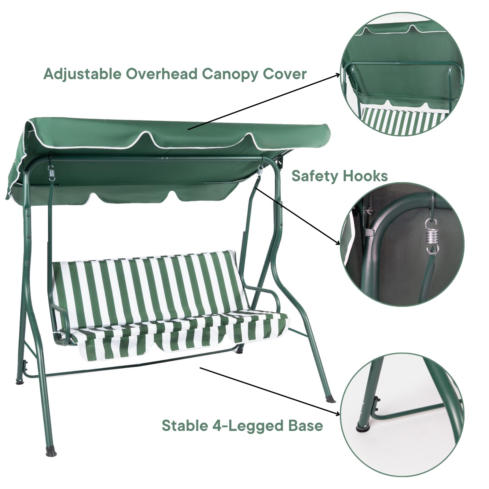 OHS Garden Swing Bench, 3 Seater Swing Seat Outdoor with Adjustable Canopy & Cushioned Seats Relaxing Comfy Outdoor Patio Hammock Bench, Grey/White Stripe