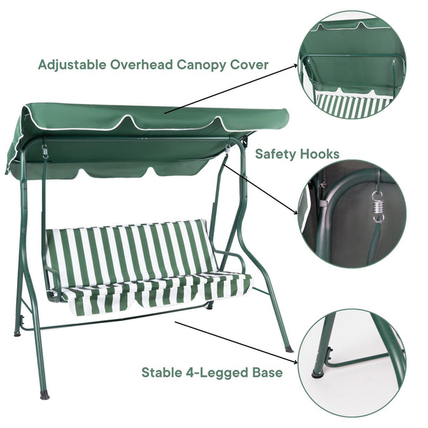OHS Garden Swing Bench, 3 Seater Swing Seat Outdoor with Adjustable Canopy & Cushioned Seats Relaxing Comfy Outdoor Patio Hammock Bench, Grey/White Stripe
