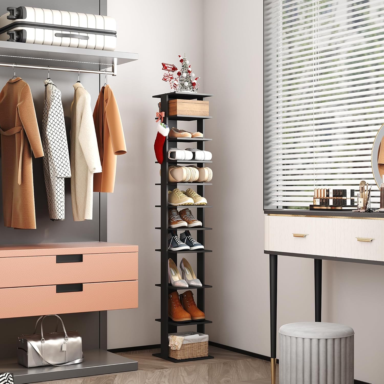 HOME BI 10-Tier Vertical Shoe Rack, Corner Shoe Tower, Slim Shoe Organizer with Two Hanging Hooks, Wooden Shoe Storage Stand for Entryway, Hallway,