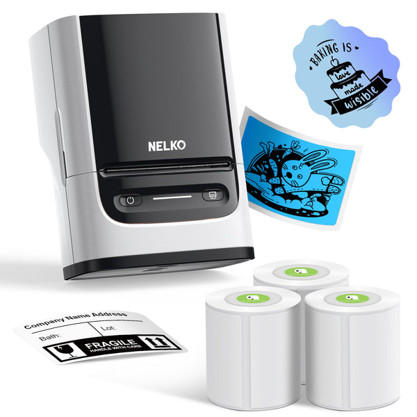 Nelko PM220 Bluetooth Thermal Label Printer, 2 Inch Portable Label Maker Machine for iOS & Android Phone, sticker printer for Clothing, Retail, Address, Barcode, Home, with 1 Roll 40x30mm（White）2 pack