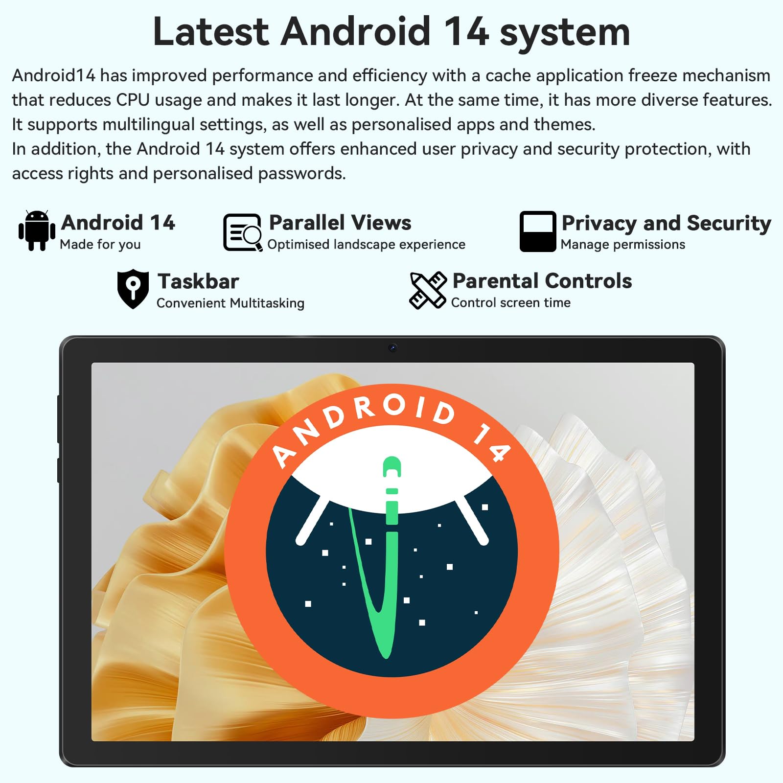 Whitedeer Tablet 10 inch Octa-Core Processor Android 14 Tablet, Face ID丨OTG, 8GB+64GB/1TB TF, 1280*800丨5G WiFi丨BT5.3丨Tab PC with Dual Camera 5MP+8MP, Support Split-Screen, 5000mAh, Widevine L1(Black)