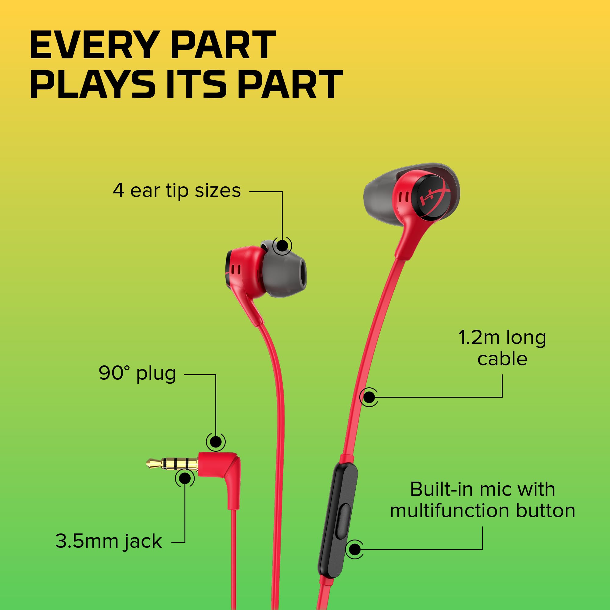 HyperX Cloud Earbuds II - Wired Gaming Earbuds 14mm Driver Built-in Microphone | 4 Ear Plug Sizes | 3.5mm Connector | Hard Case | PC, Console & Mobile Compatibility | Red