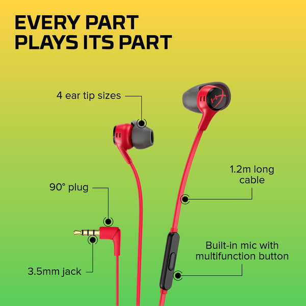 HyperX Cloud Earbuds II - Wired Gaming Earbuds 14mm Driver Built-in Microphone | 4 Ear Plug Sizes | 3.5mm Connector | Hard Case | PC, Console & Mobile Compatibility | Red