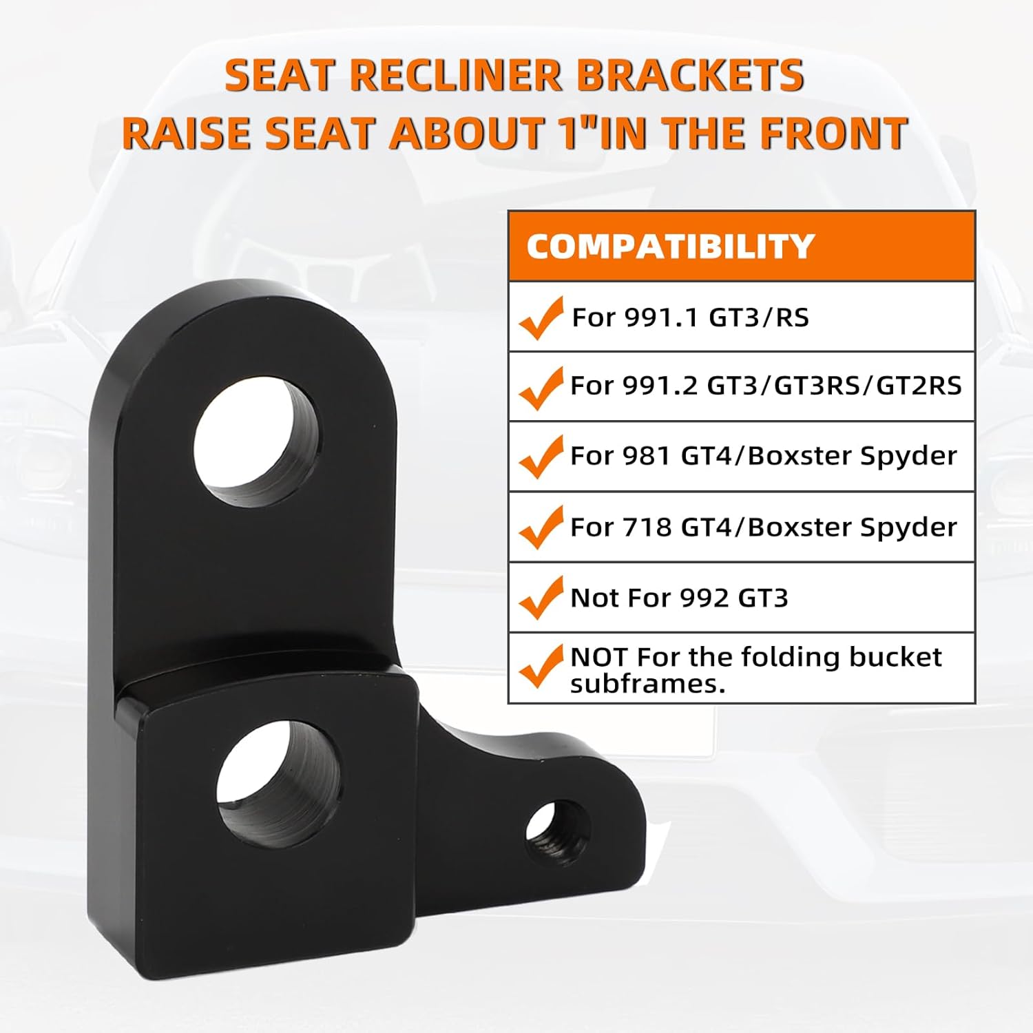 Alpha Rider Seat Recliner Brackets For Porsche 991 GT3, 981 & 718 GT4, 981 & 718 Spyder, LWB Seat Recliner Brackets Light Weight Bucket Seats Brackets Raise 1" in, 2 Brackets for 1 Seat