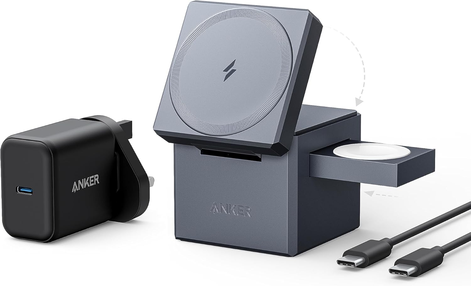 Anker 3-in-1 Cube Compatible with MagSafe - 15W Fast Charging, Foldable Wireless Charge Station for Apple Watch, iPhone 17/16/15/14/13, and AirPods Pro (Charger and Interchangeable Plugs Included)