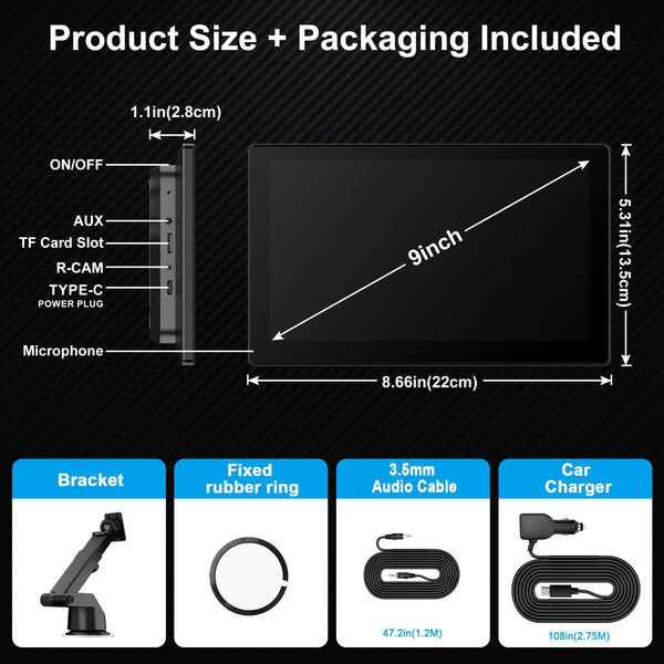 Car Stereo,9 Inch CarPlay Screen for Apple Car play & Android Auto,Portable Car Player Wireless Car Play Screen with Voice Control, Suitable for Most Vehicles (9 Inch +Camera)