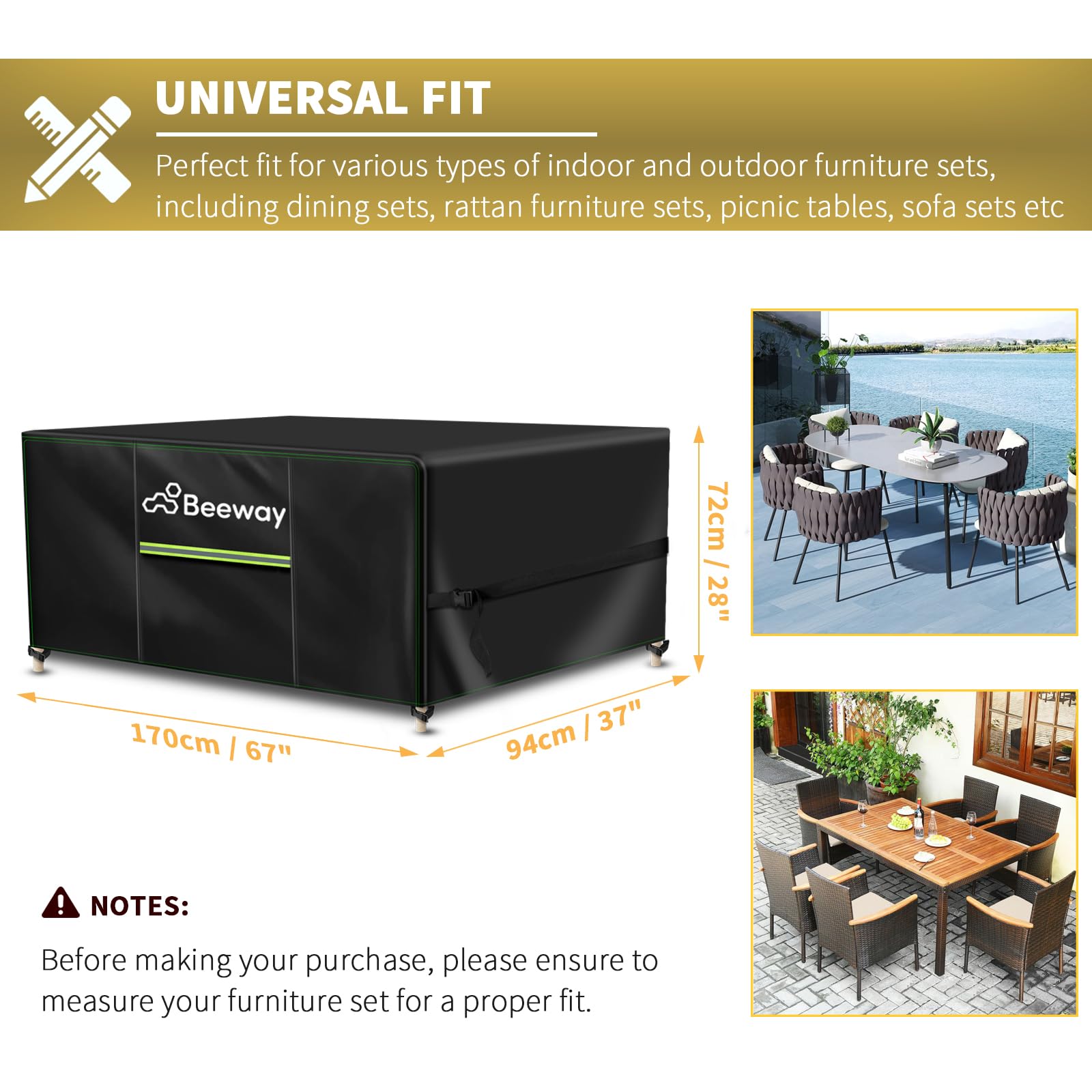 BEEWAY Garden Furniture Cover With Air Vent, Waterproof Patio Rattan Sofa Table Chair Set Cover - 420D Oxford Fabric, Windproof - Rectangular 242 x 182 x 100cm