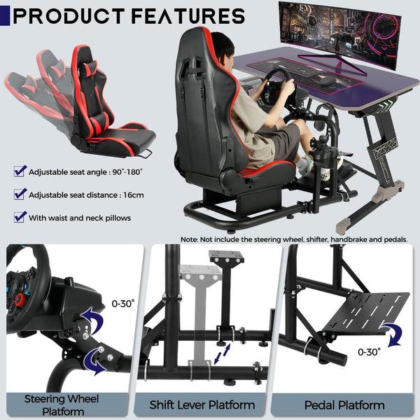 Minneer Flight Racing Simulator Cockpit with Gaming Seat(Red) for Logitech Thrustmaster Fanatec G29 G920 G923 Racing wheel, Enhanced Round Tube Steering Wheel Stand Not Included Wheel Pedal Handbrake