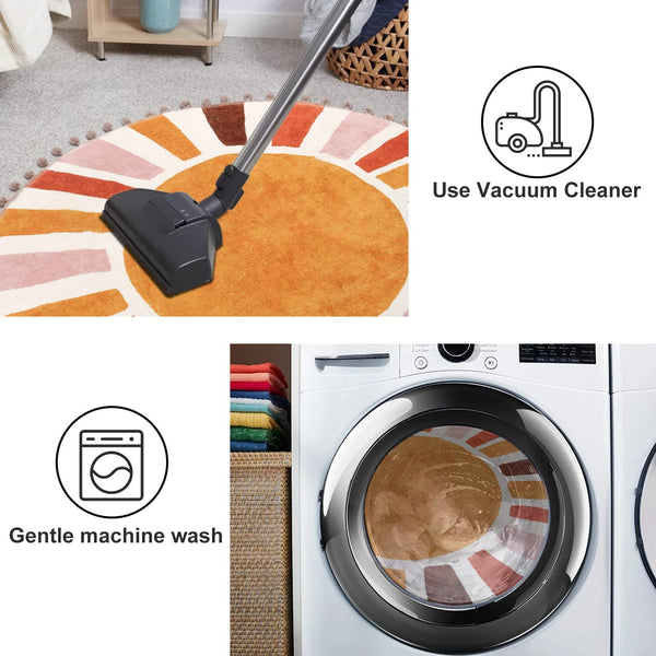 KIMODE Retro Sun Round Rugs Living Room 120cm, Non Slip Area Rugs for Bedroom Soft Machine Washable Rugs Living Room with Pom Poms Fringe Circle