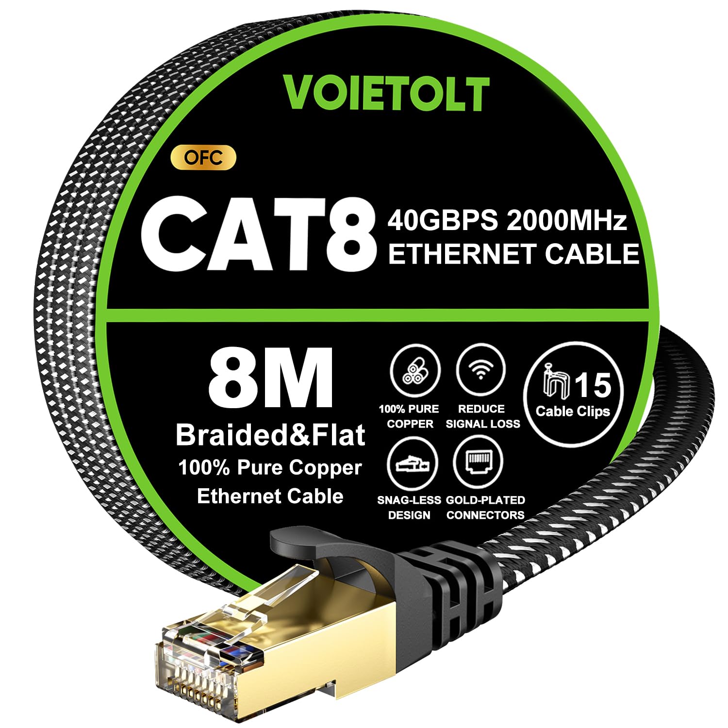 VOIETOLT Cat 8 Ethernet Cable 10M, High-Speed 40Gbps/2000Mhz Flat Braided Internet Cable, Gigabit STP RJ45 Network Cable Compatible for PS4/5, for Modem, PC/Laptop