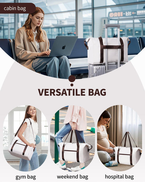 Narwey for Ryanair Cabin Bag 40x20x25 Underseat Ryan Air Bag Foladble Travel Duffel Hospital Carry on Hand Luggage Holdall Weekend Overnight Bag for Women and Men 20L (Beige with Green Straps)