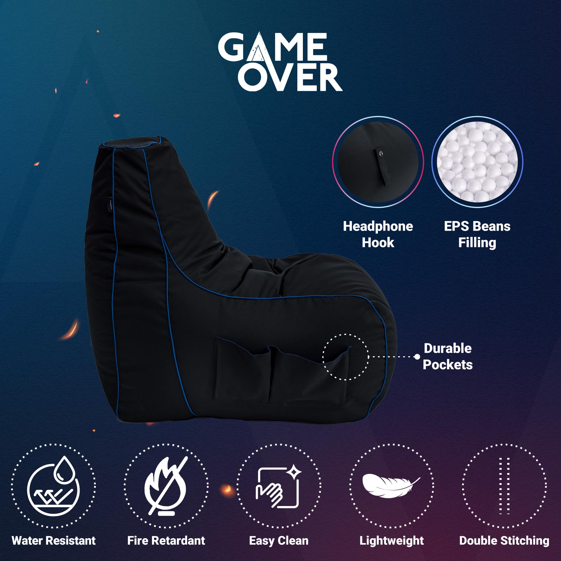 Game Over Lich Blade Video Gaming Bean Bag Chair | Indoor Living Room | Side Pockets for Controllers | Headset Holder | Ergonomic Design for the Dedicated Gamer