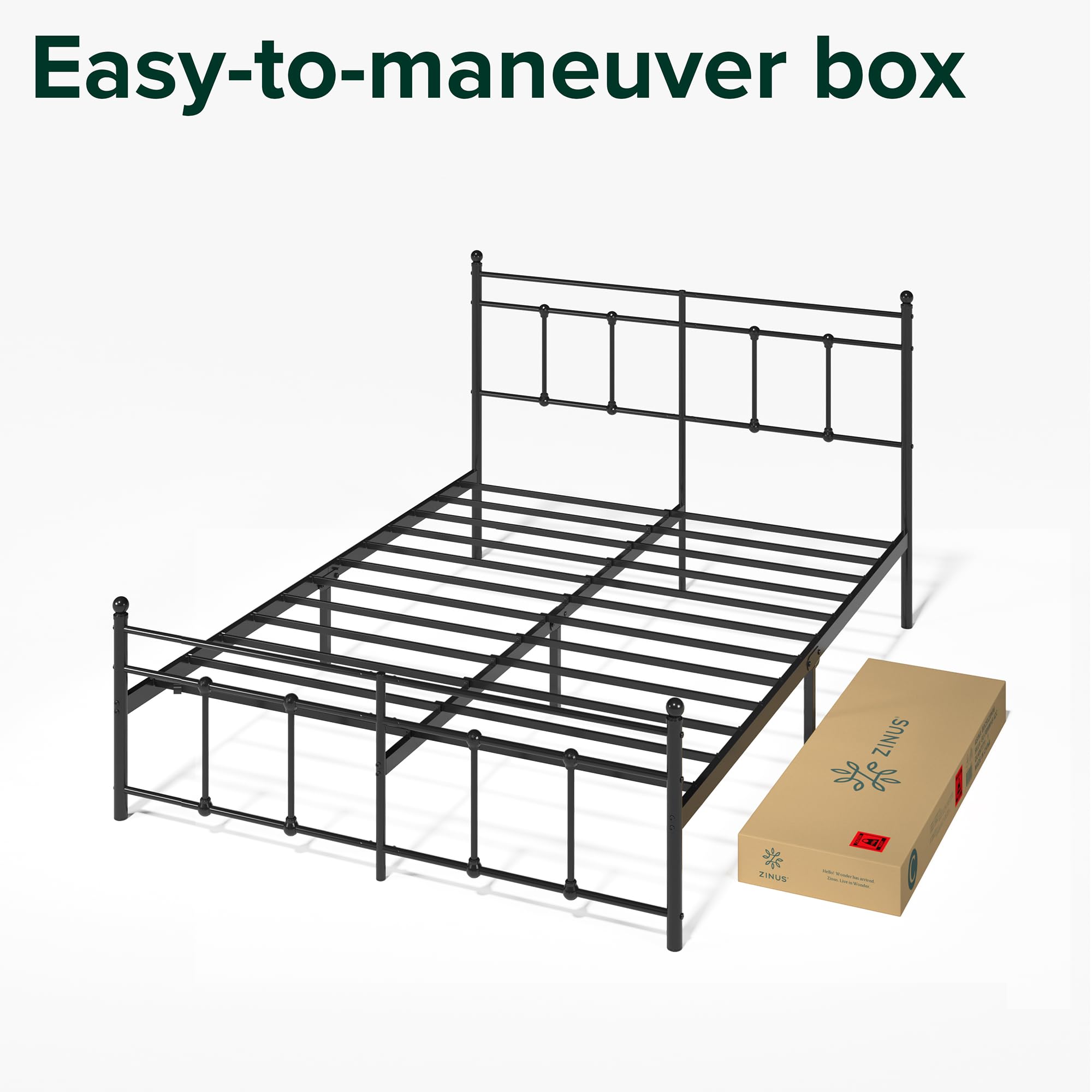 Zinus Nicholas Super King Bed Frame - Bed 180x200 cm - 30 cm Height - Metal Platform Bed Frame with Headboard and Footboard - Black