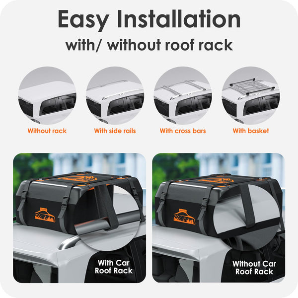 BOYUJK Roof Bag 20 Cubic/566 L, Waterproof Car Roof Bag no Rack Needed, Car Roof Box with Anti-Slip Mat and 6 Heavy-Duty Straps, Folding Soft Roof Bag for Cars with/Without Rack（ Orange 566L ）