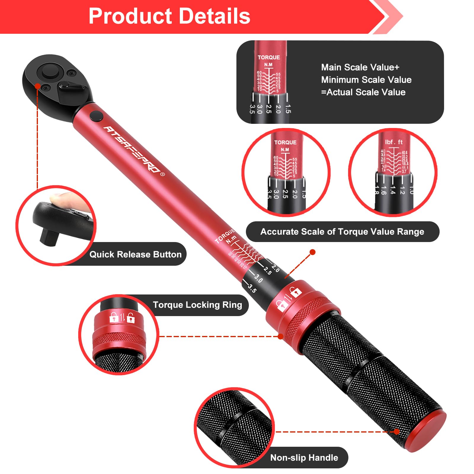 ATsafepro Torque Wrench 3/4 Inch, 100-600 Nm Torque Wrenchs, ±3% Error Accuracy with 48 Teeth Dual-Direction Adjustable for Repair of Car, Truck, Tractor