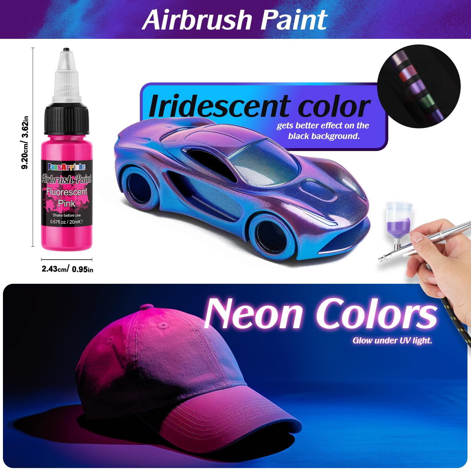 FansArriche Airbrush Paint, 44 Colours + 6 Thinners, Airbrush Water-Based Paint, Opaque & Neon Colours, Airbrush Paint Set for Beginners, Artists, DIY