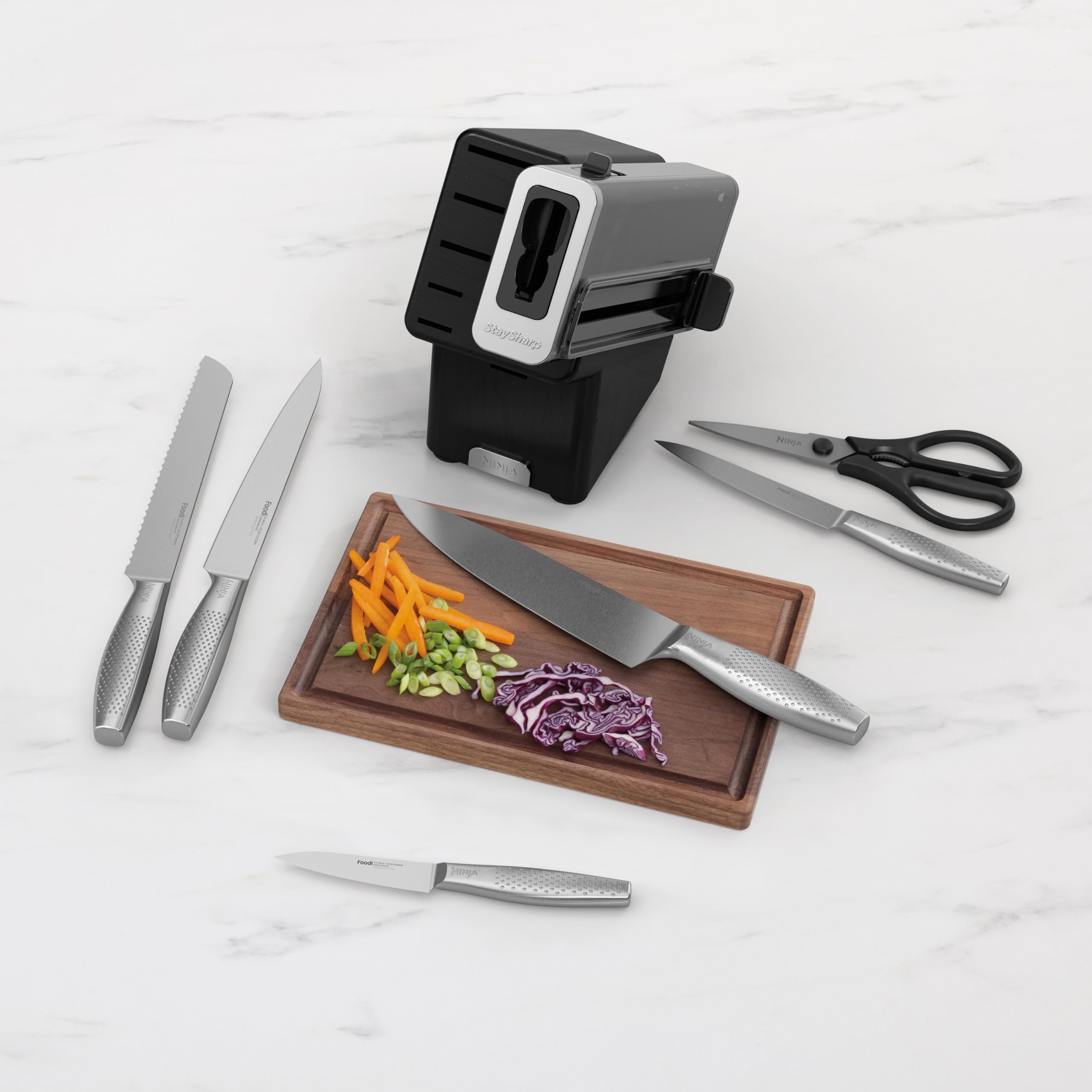 Ninja Foodi StaySharp Knife Block with Integrated Sharpener, 5-Piece Knife Set includes Chef, Bread, Slicing, Utility, Paring Knives, Stainless Steel K32005UK, Black