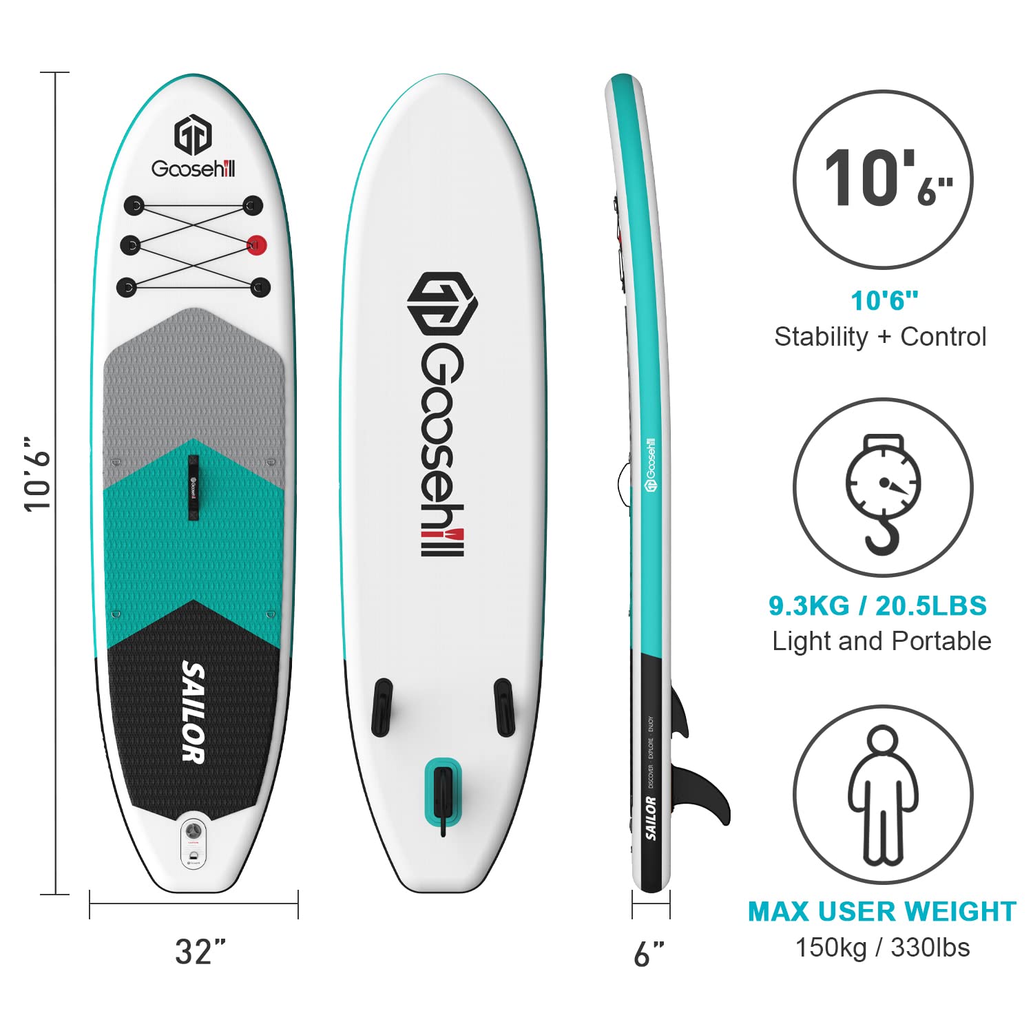 Goosehill Inflatable Stand Up Paddle Board, Premium SUP Package, 10' Long 32" Wide 6" Thick, Patterns Open for Customization