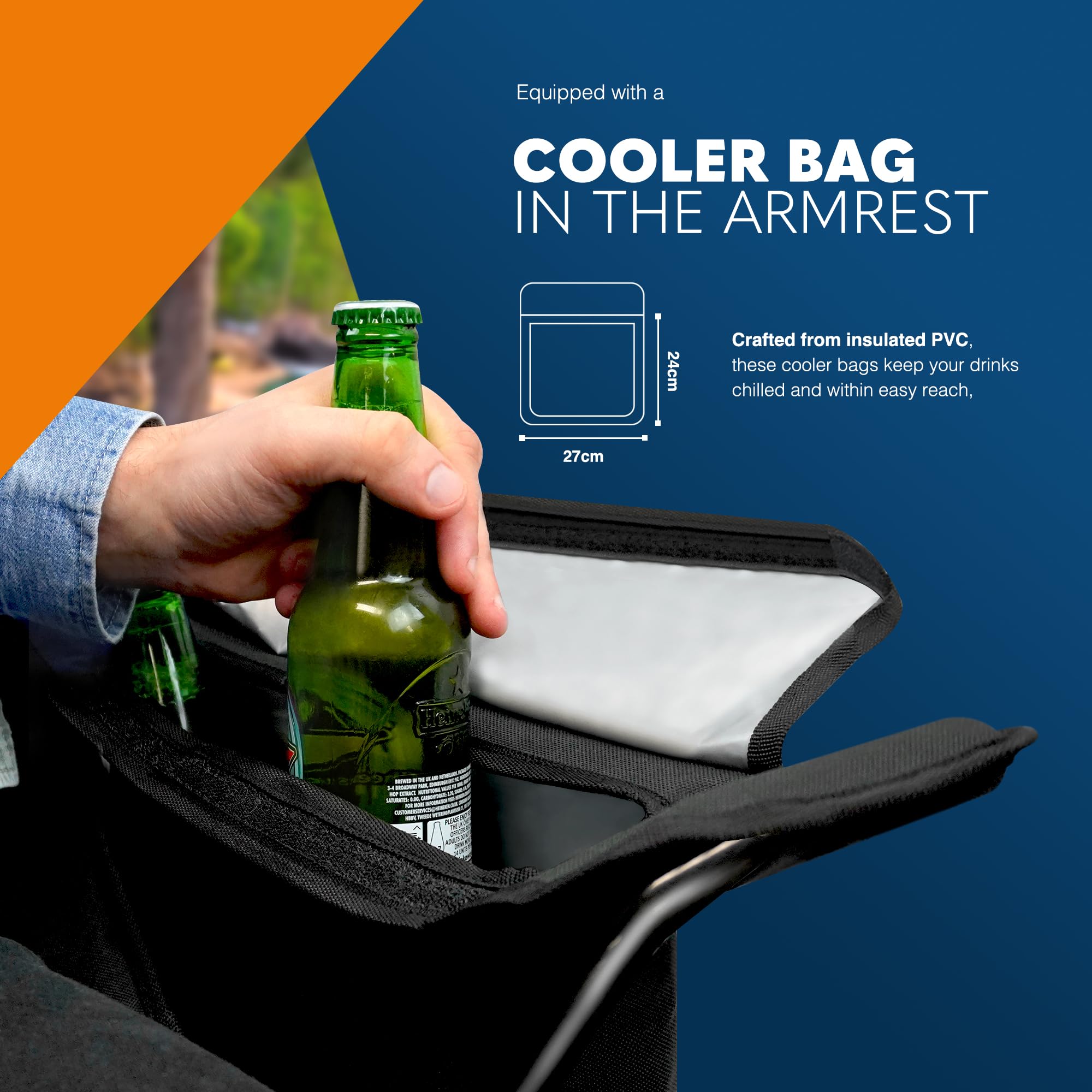 Voyager Folding Camping Chairs 2 Pack with Cooler Bag, Lightweight Q195 Steel Frame, 600D Oxford Fabric, Portable & Comfortable - Black (Black, Padded)