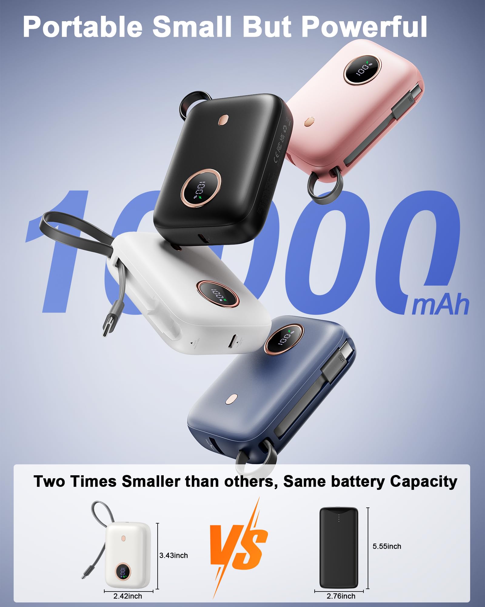 Power Bank Fast Charging 10000 mAh, 22.5W PD QC3.0 High-Speed Portable Charger, PowerBank With Built In Cable USB C, Pocket-Sized Battery Pack for iPhone 16/15, Samsung S23/S24 and More (Jet Black)