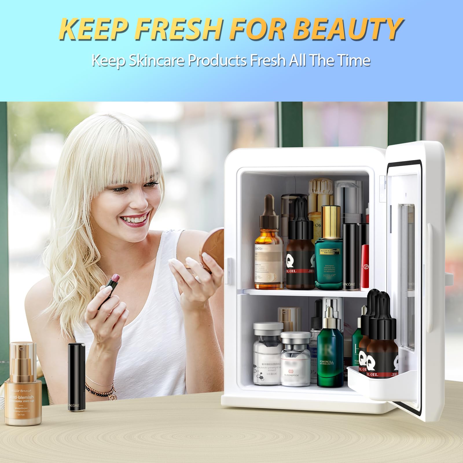 Mini Fridge 15 Liter/21 Cans, Upgrade Portable AC+DC Power Small Fridge for Bedroom, Car, Office, Thermoelectric Cooler and Warmer Skincare Fridge for Food, Drinks, Cosmetics, Max & ECO Mode