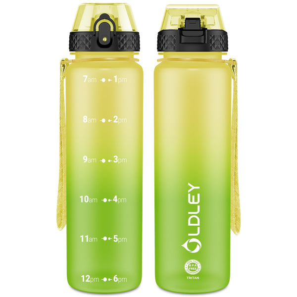 OLDLEY 1L/32oz Sports Water Bottle, 1000ml Motivational Drinks Bottle with Time Markings Leak Proof Drink & Lock Cover & No Straw, BPA Free for Adults Women Men Gym School Cycling Running Hiking