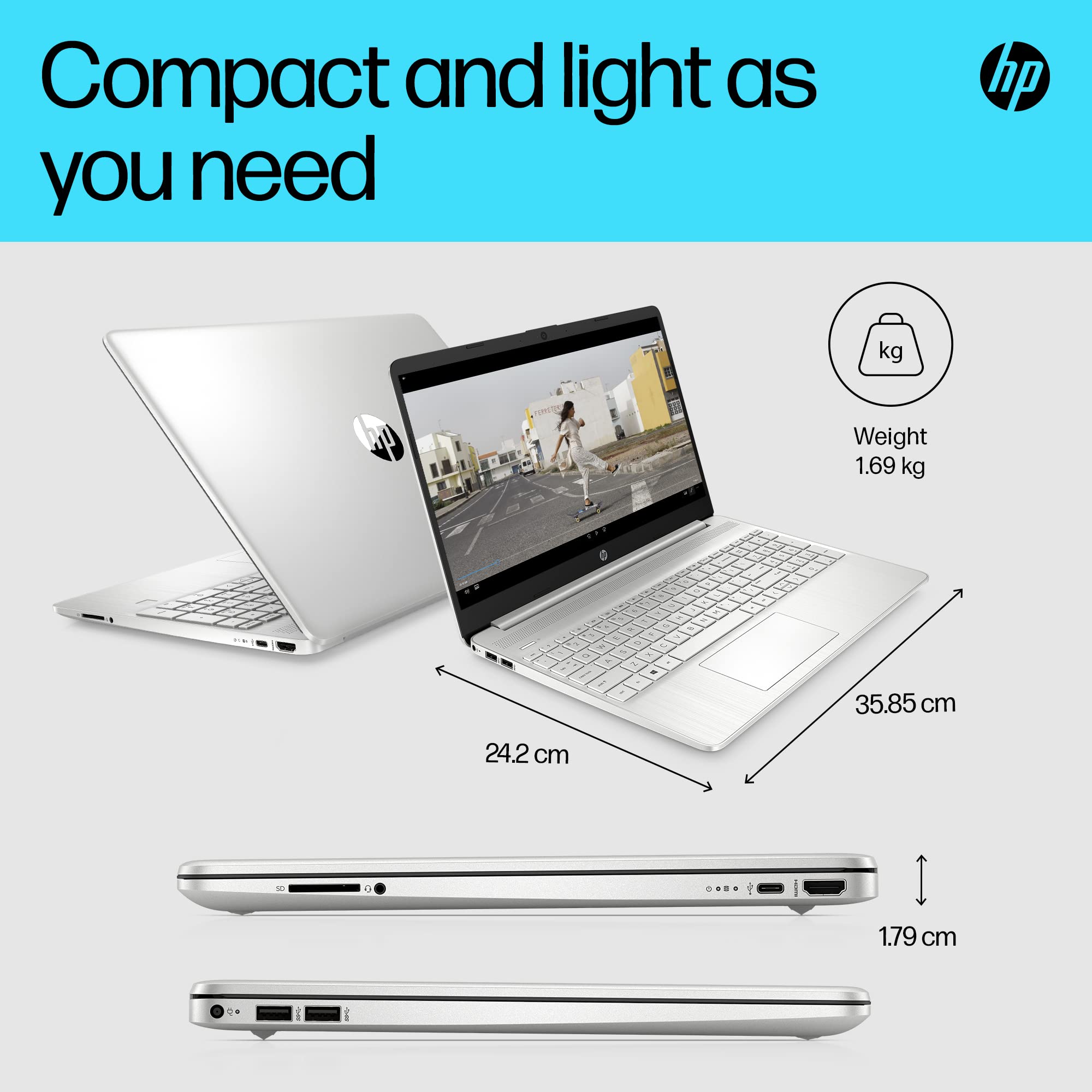 HP 15.6" Laptop | AMD Ryzen 3 7320U Processor | 8 GB RAM | 256 GB SSD | AMD Radeon Graphics | FHD Display | Up to 11hrs 15 mins battery | Win 11 | Dual Speakers | Jet Black | 15-fc0038sa