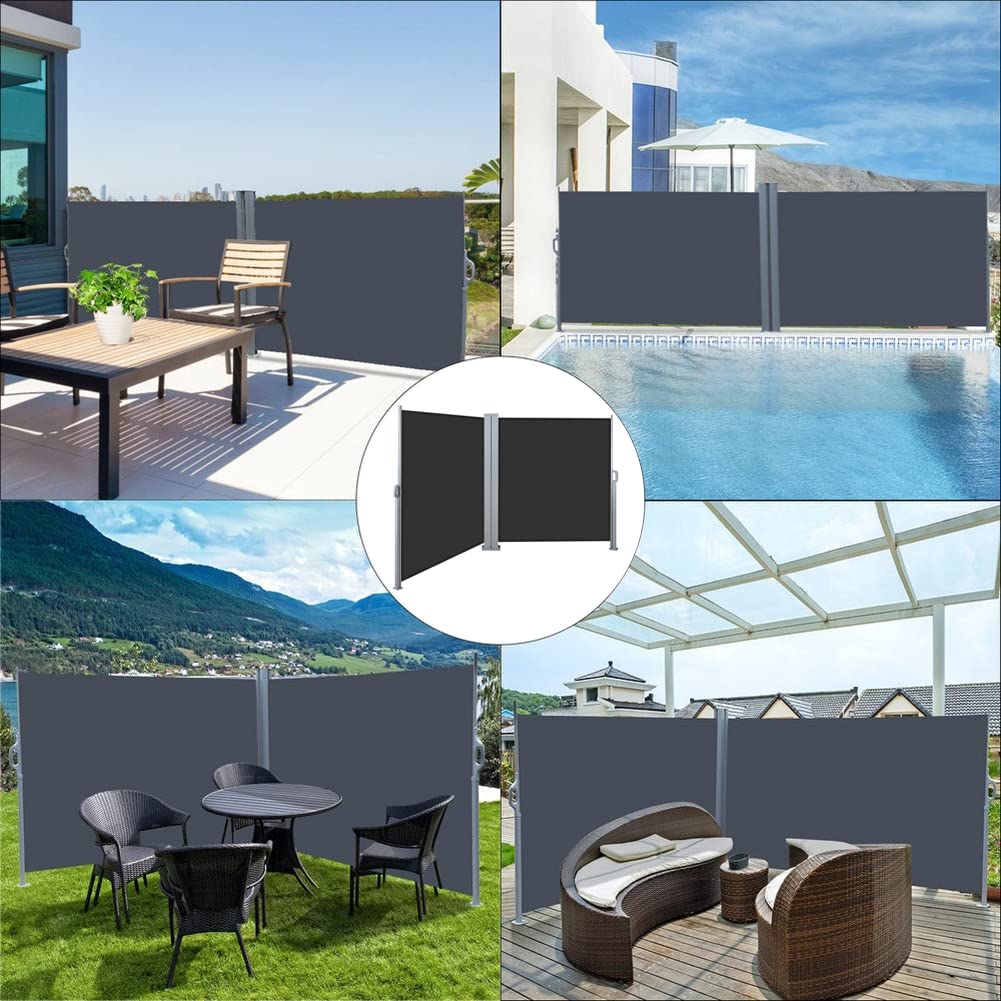 The Fellie Dark Grey Retractable Side Awning, Wind, UV Protection and Weatherproof PU Coating for Outdoor Privacy Screen for Garden, Balcony, Terrace, 140 x 300 cm
