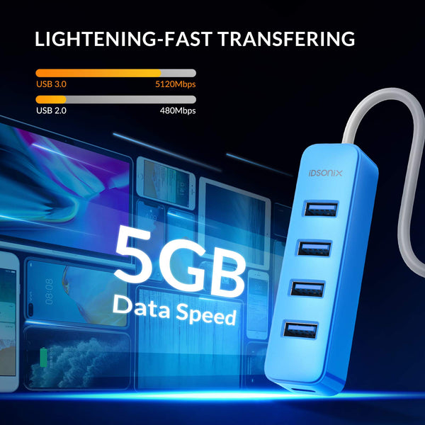 iDsonix USB hub, 4-Port USB 3.0 Hub, 5Gbps HighSpeed Data Transmission USB Hub for Laptop, iMac, Surface Pro, XPS, USB Flash Drives, Mobile HDD, Xbox, Printer, Camera, and More - Yellow